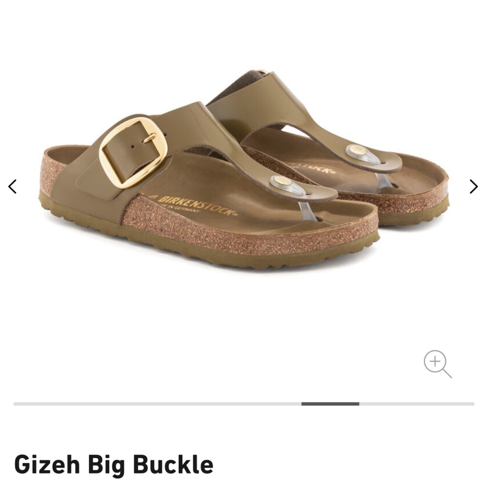 Birkenstock Gizeh — size 39 mud green, big buckle patent NWT